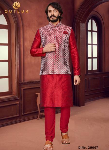 Red Colour Outluk 29 Art Silk With Lucknowi Work Party Wear Kurta Pajama With Modi Jacket Mens Collection 29007